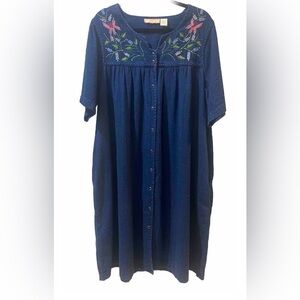 LA CERA 100% women Cotton Blue Denim Housecoat Sz 1X  snap front short sleeve